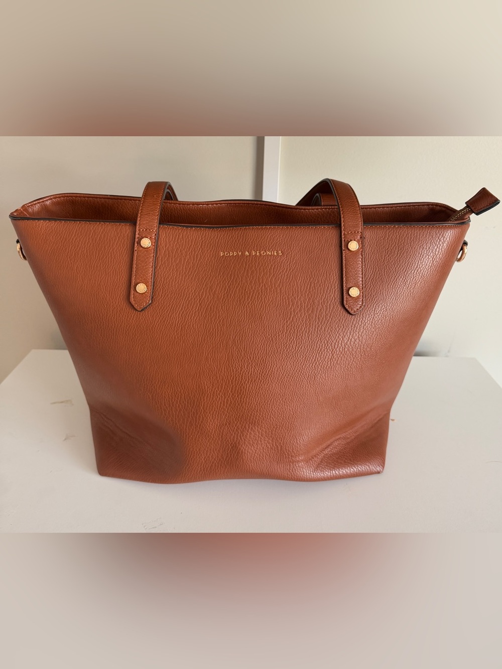 Poppy & Peonies Go-Getter Tote Bag Cognac Brown Vegan Leather Laptop Commuter